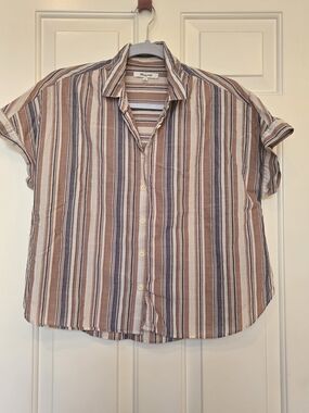 Madewell Striped Short-Sleeve Button-Down in Brown, Blue & White